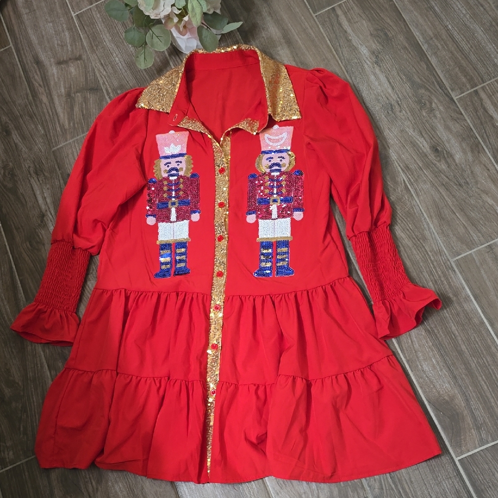 Red Long Sleeve Dress with Nutcracker Design Sequin